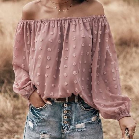 BOHO FLOWY OFF THE SHOULDER TOP - PINK - Picture 5 of 9